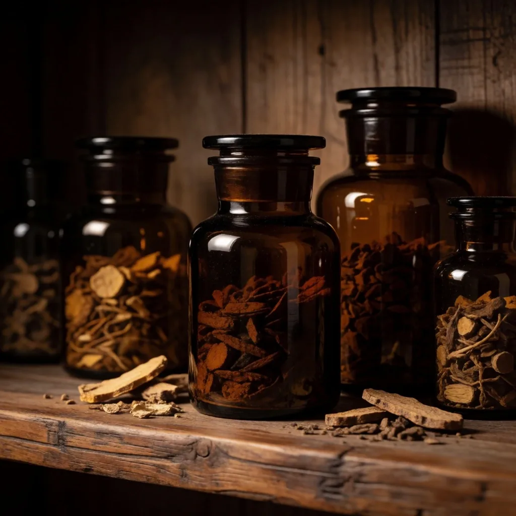 Dark glass laboratory jars with botanical herbs