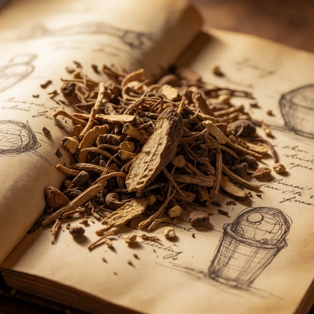 Open botanical reference book with pressed herb specimens