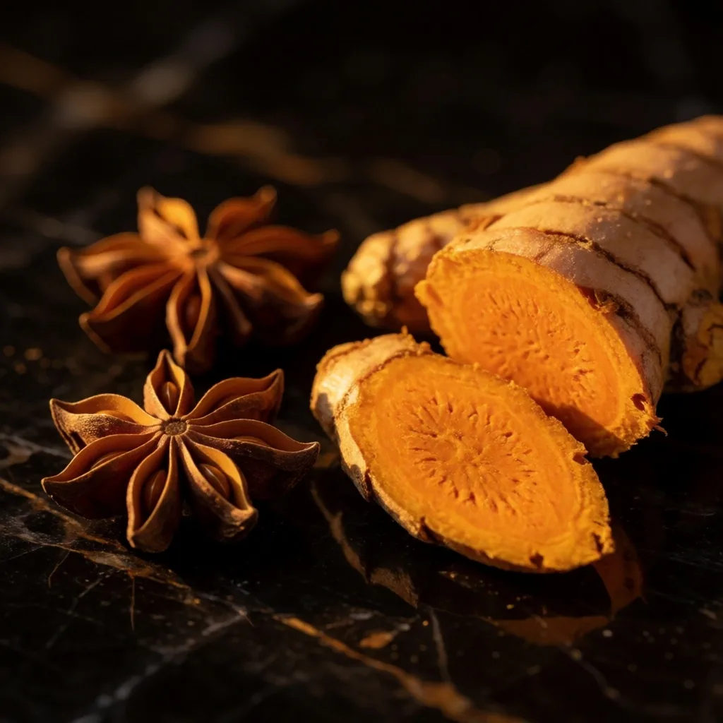 Botanical ingredients on a dark surface