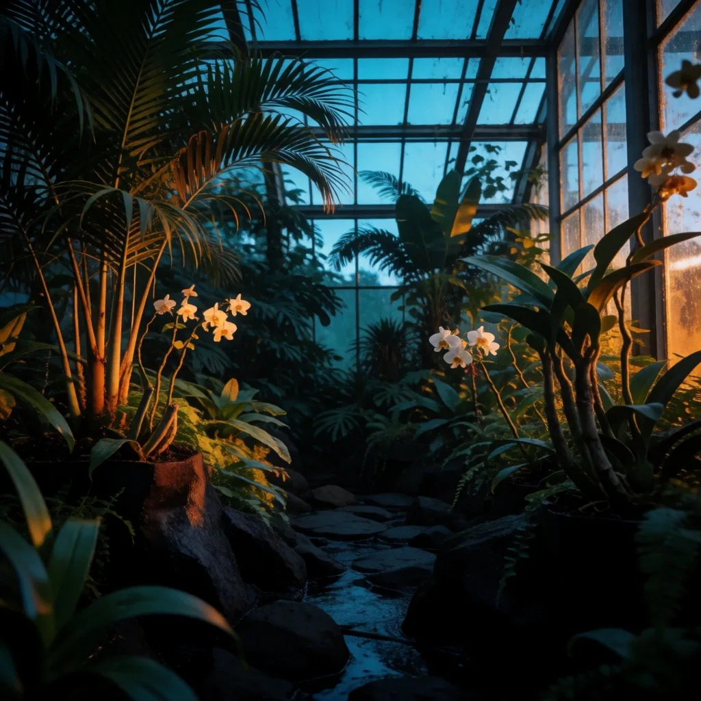 Nocturnal botanical greenhouse at dusk in East Java