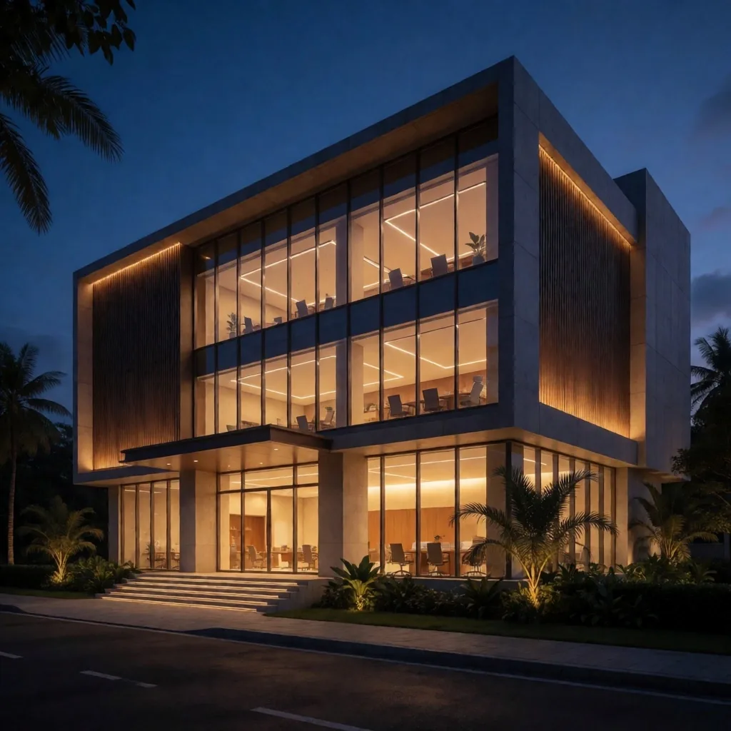 Office building exterior in Surabaya at dusk