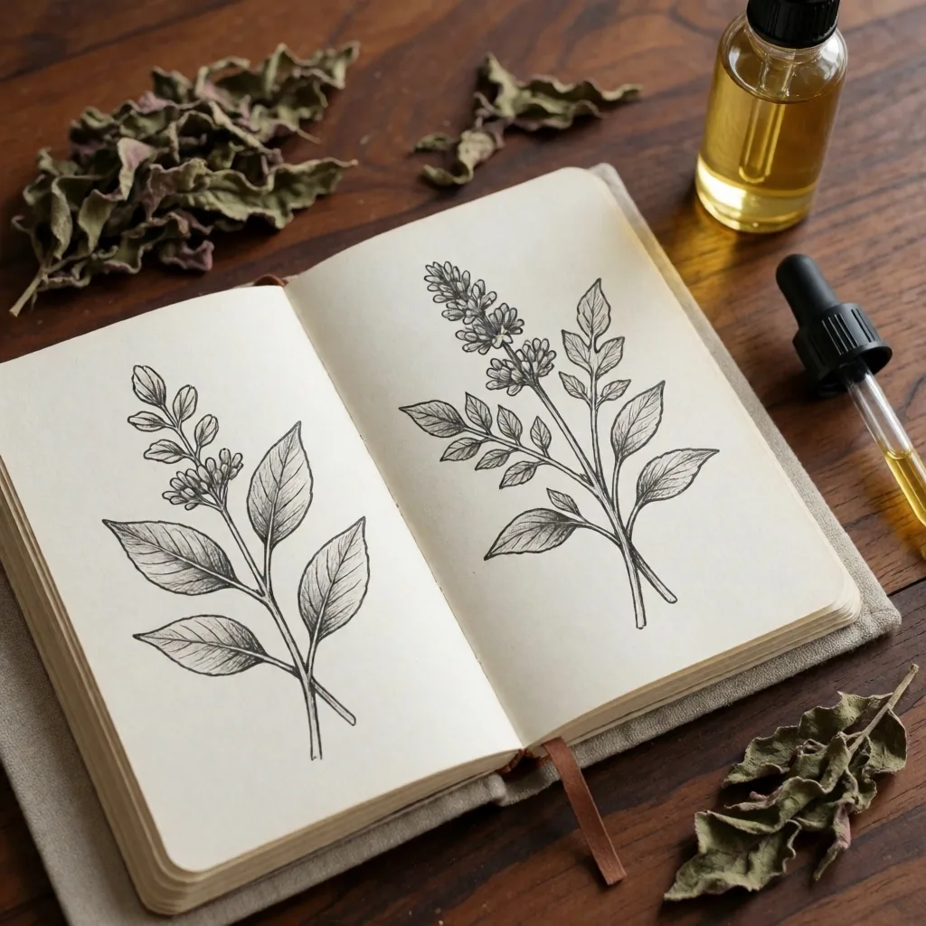 Open botanical journal on a dark surface