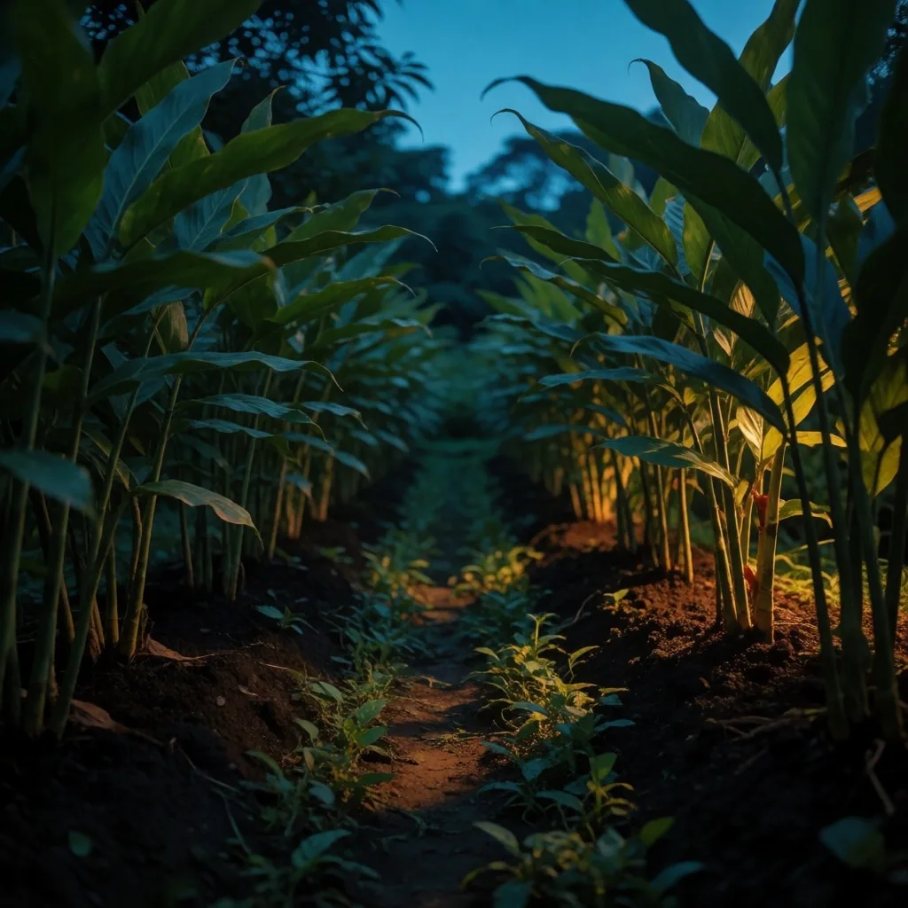Botanical garden at dusk with rows of tropical plants in East Java