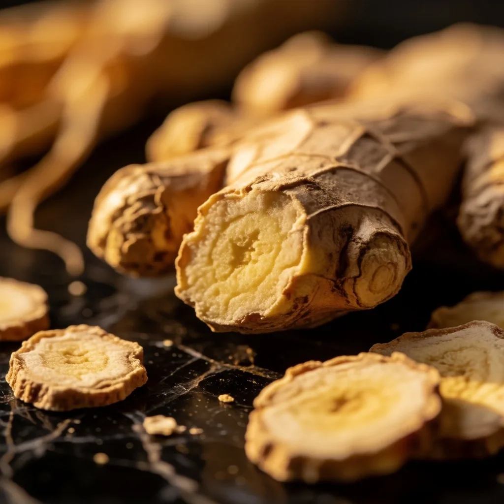 Dried ginger root and ginseng on dark stone
