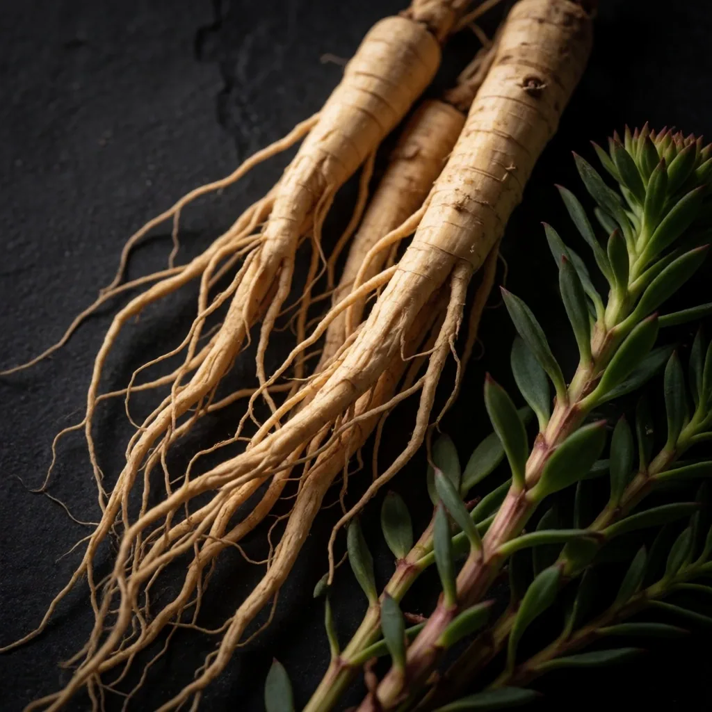 Dried ginseng roots on slate