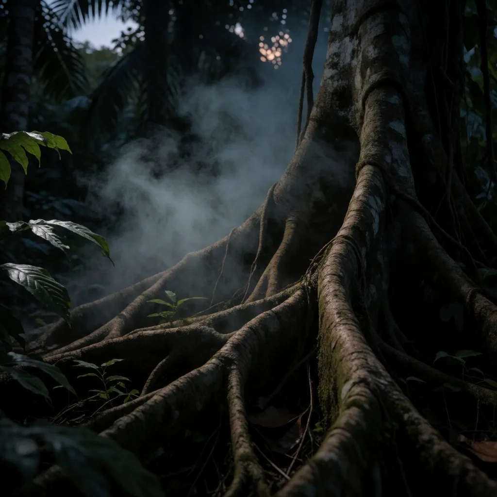 Nocturnal botanical orchard at dusk in Indonesia