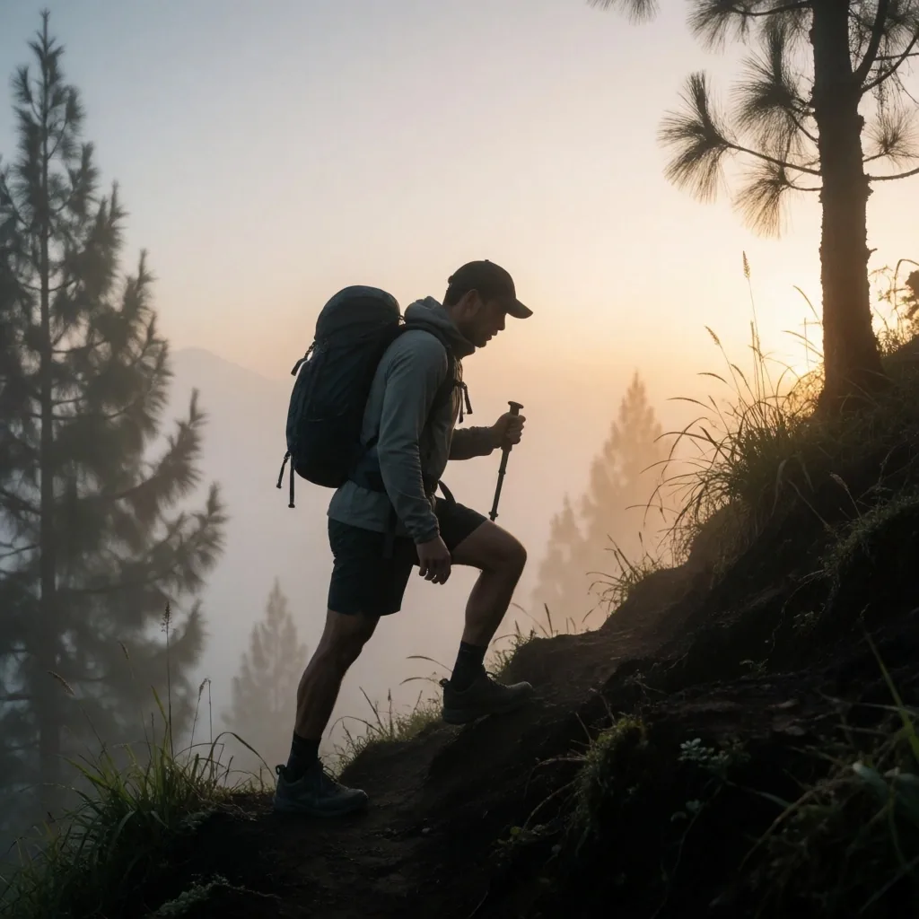 Hiker on a misty forest trail at dawn
