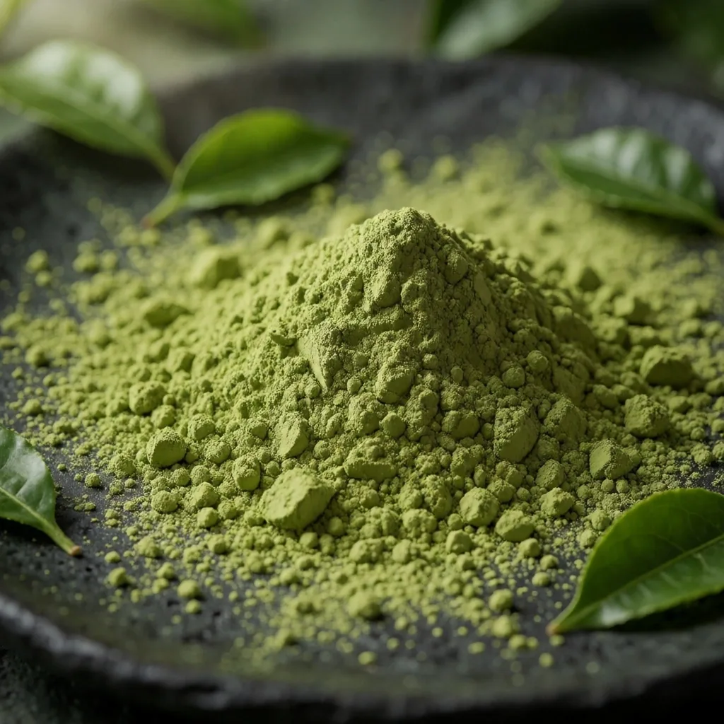 Matcha powder and green tea leaves