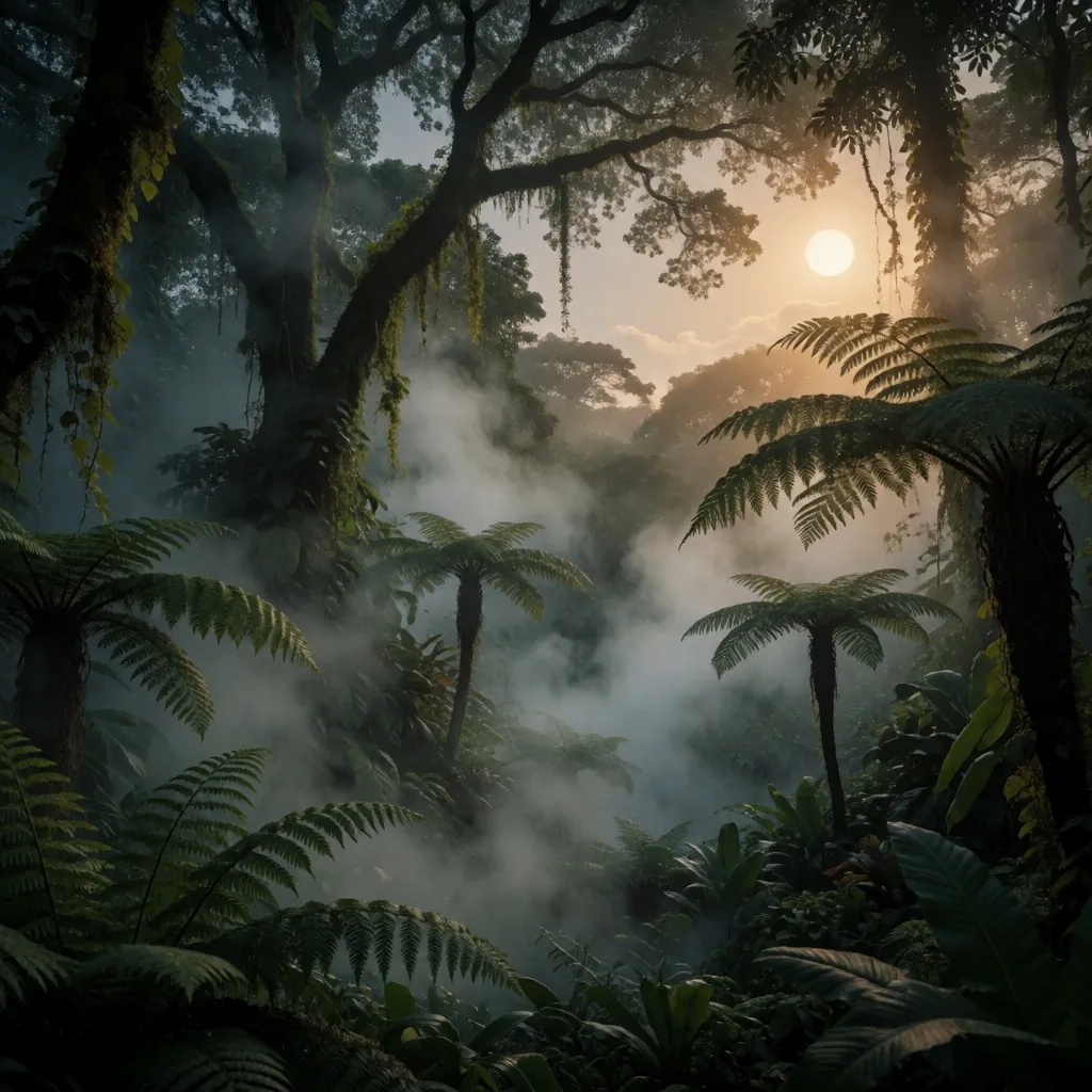 Misty Indonesian botanical orchard at dusk