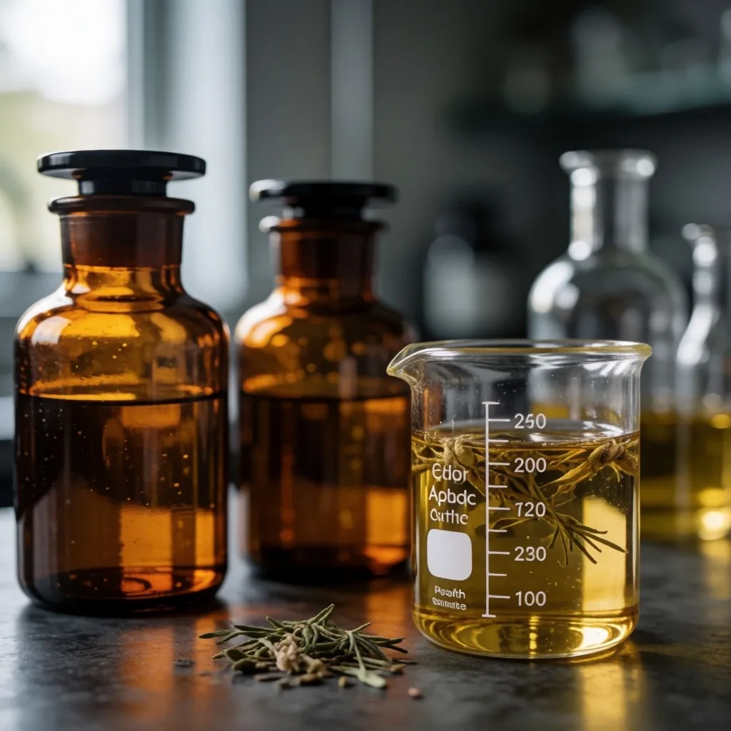 Amber glass laboratory bottles with herbal tinctures on dark surface