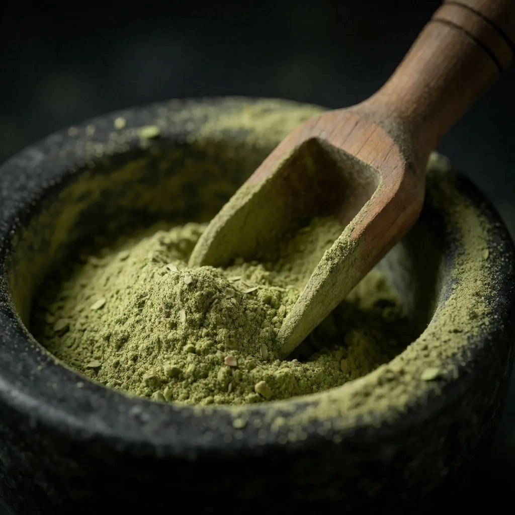 Green herbal extract powder in a stone mortar