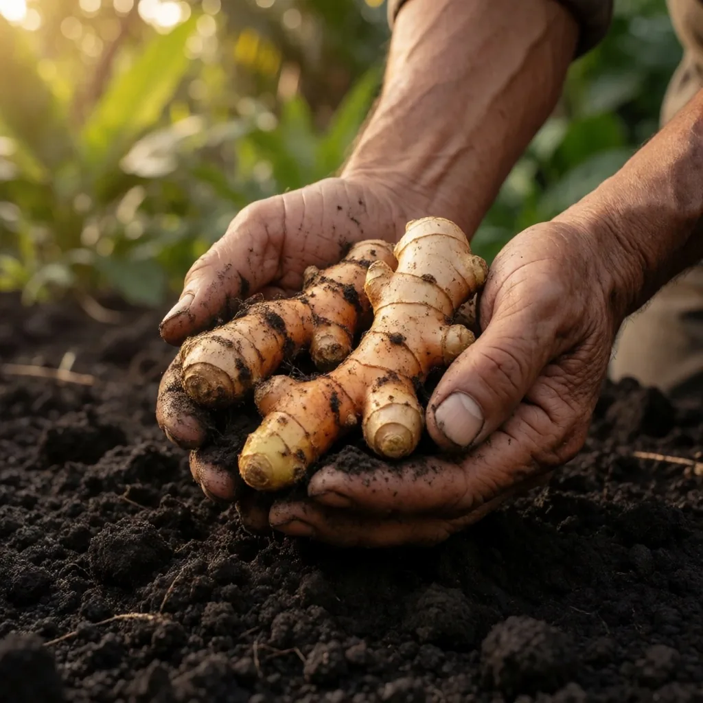 Hands holding freshly harvested Indonesian medicinal roots