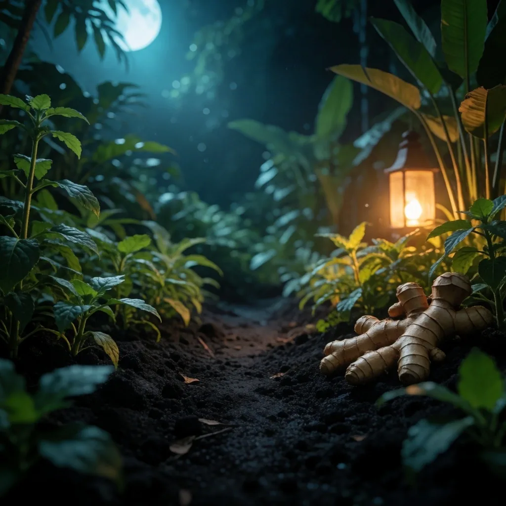 Indonesian botanical garden at night with medicinal herbs