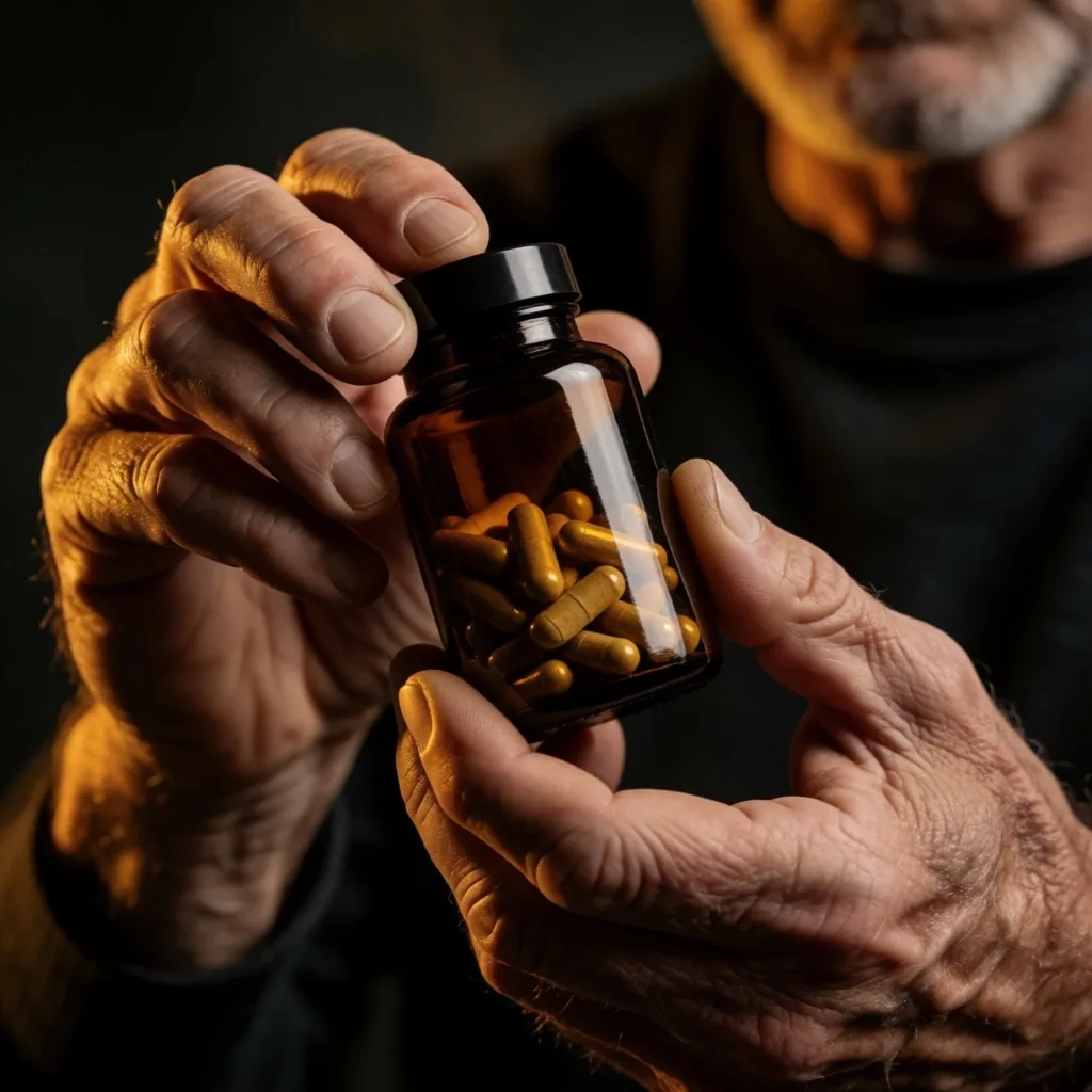 Holding a jar of supplement capsules