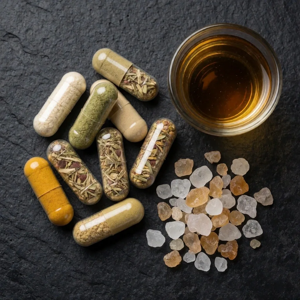 Natural supplement capsules with botanical ingredients