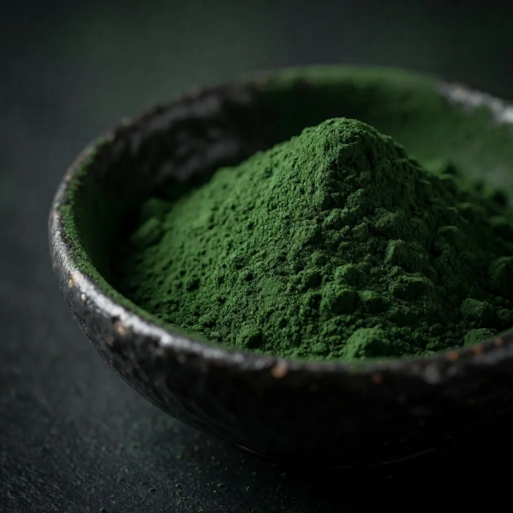 Spirulina powder in dark bowl